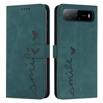 Teal leather phone case with heart emboss, flip cover, and lanyard cutout