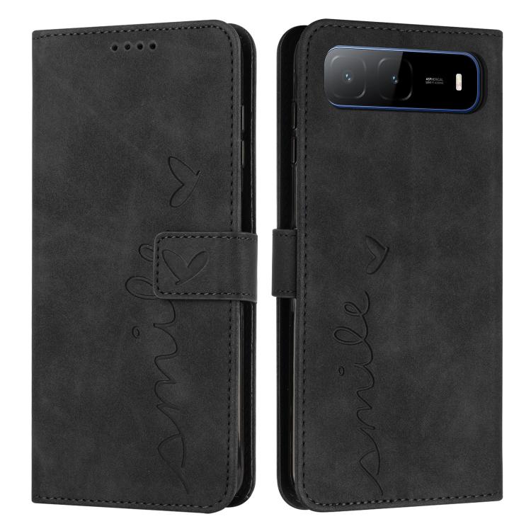 Black leather phone case with heart emboss, flip cover, and lanyard cutout