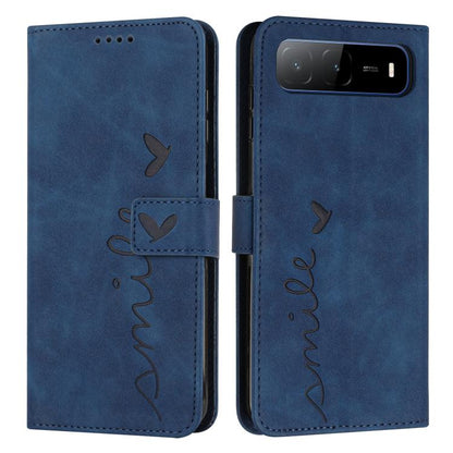 Blue leather phone case with heart emboss, flip cover, and lanyard cutout