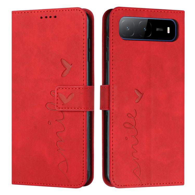 Red leather phone case with heart emboss, flip cover, and camera cutout