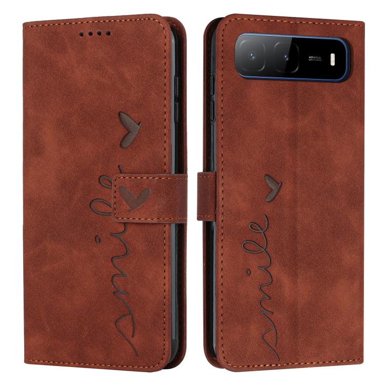 Brown leather phone case with heart emboss, flip cover, and camera cutout