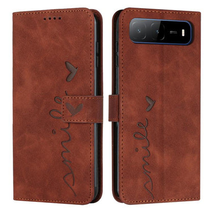 Brown leather phone case with heart emboss, flip cover, and camera cutout