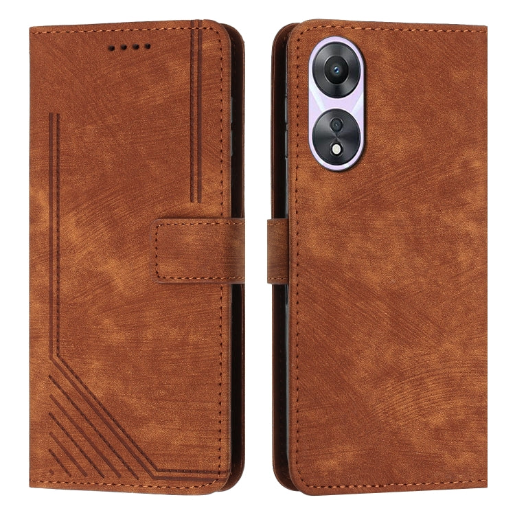 Brown leather flip phone case with lanyard strap, diagonal stripe texture, card slot