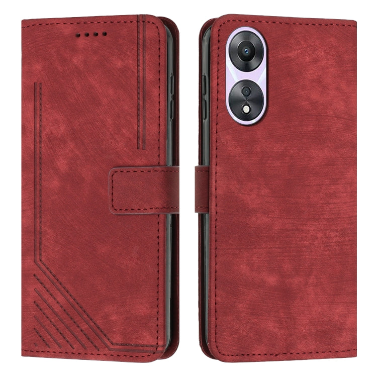 Red leather flip phone case with lanyard strap, diagonal stripe texture, card slots
