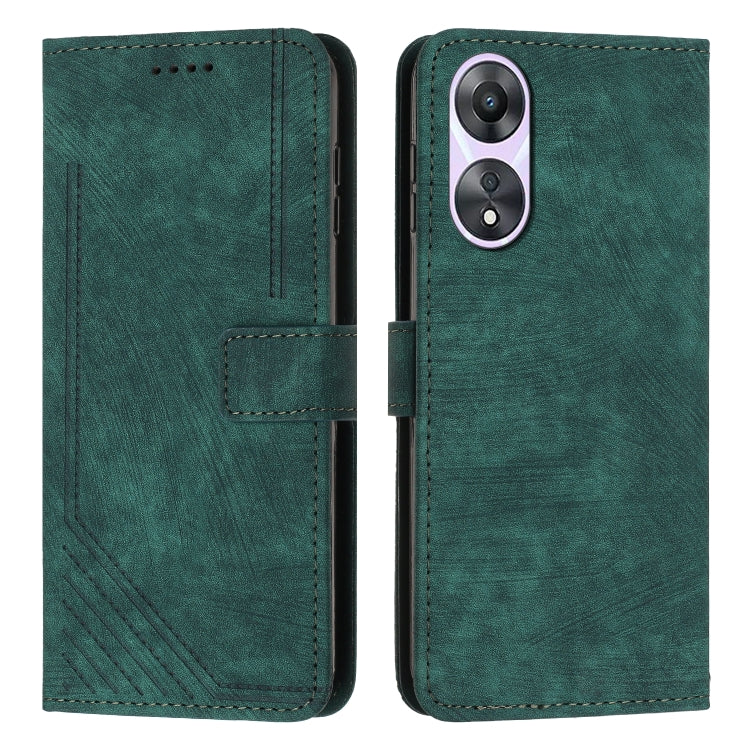 Green leather flip phone case with lanyard strap and camera cutout, stitched edges