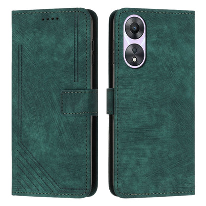 Green leather flip phone case with lanyard strap and camera cutout, stitched edges