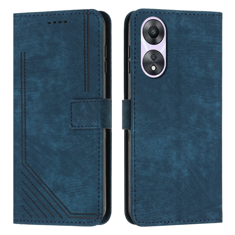 Blue leather flip phone case with lanyard strap and camera cutout, stitched panel