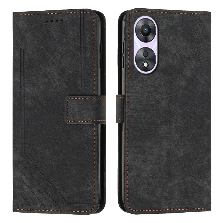Black leather flip phone case with lanyard strap and camera cutout, stitched edges