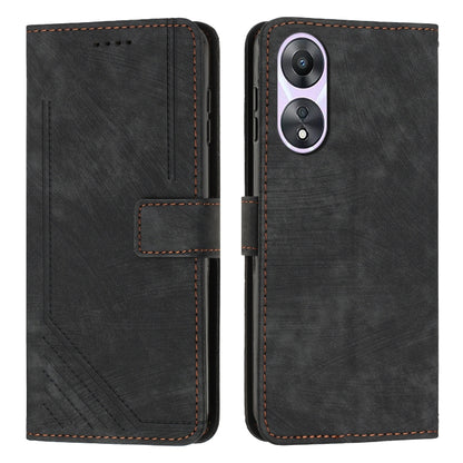 Black leather flip phone case with lanyard strap and camera cutout, stitched edges