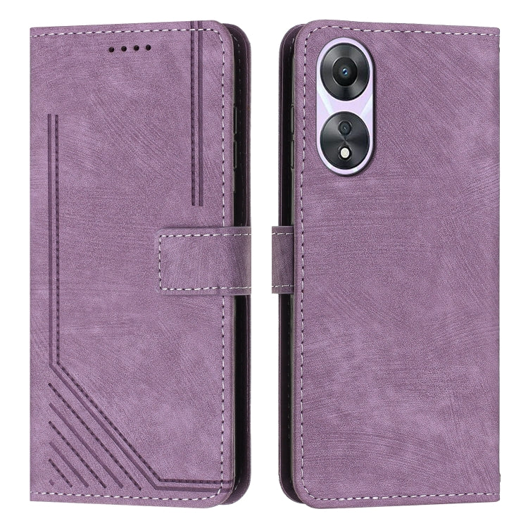 Purple leather flip phone case with lanyard strap and camera cutout, stitched panel