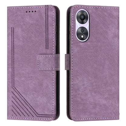 Purple leather flip phone case with lanyard strap and camera cutout, stitched panel