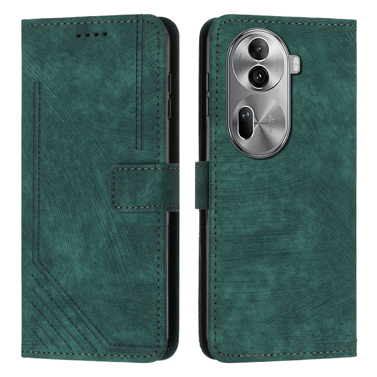 Green leather flip phone case with lanyard strap, diagonal stripe texture, card slots