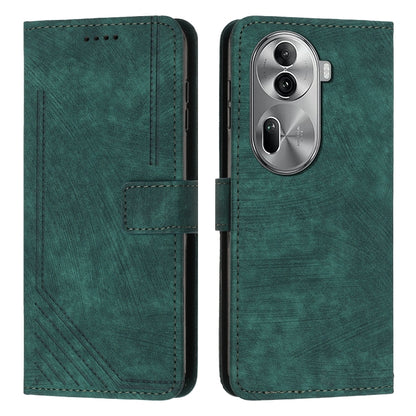 Green leather flip phone case with lanyard strap, diagonal stripe texture, card slots
