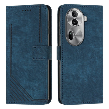 Blue leather flip phone case with lanyard strap, diagonal stripe texture, card slots