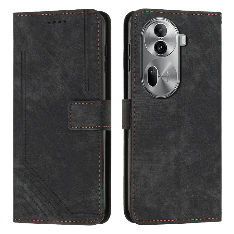 Black leather flip phone case with lanyard strap, diagonal stripe texture, stitched edges