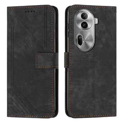 Black leather flip phone case with lanyard strap, diagonal stripe texture, stitched edges