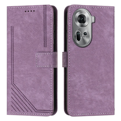 Purple leather flip phone case with lanyard strap, diagonal stripe texture, card slot