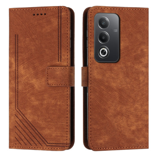 Brown leather wallet phone case with stripe pattern and magnetic flap.