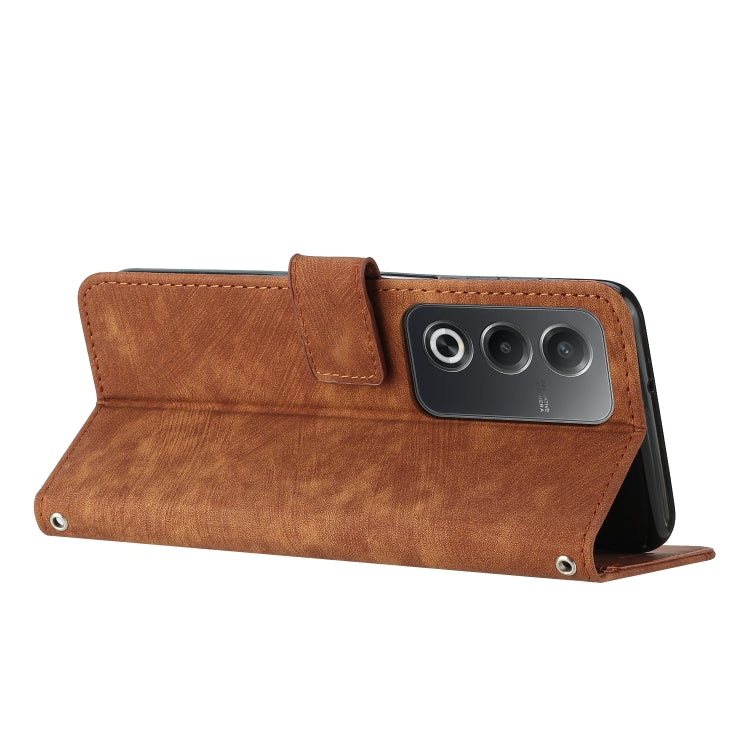 Brown leather folio phone case with stripe pattern and camera cutout.