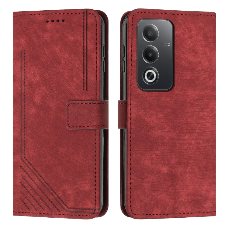 Red leather wallet phone case with stripe pattern and magnetic flap.