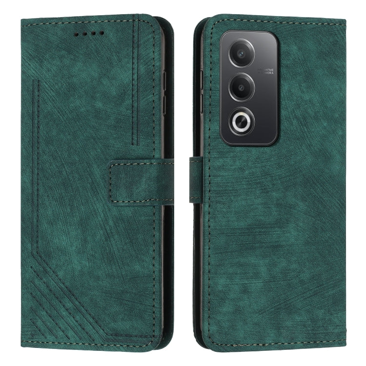 Green leather wallet phone case with stripe pattern and magnetic flap.