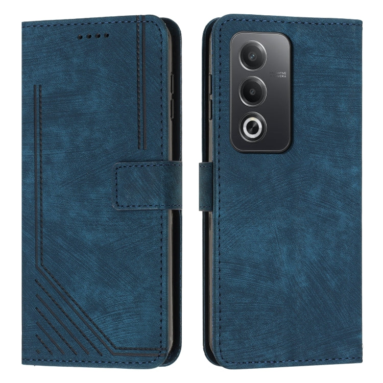 Blue leather wallet phone case with stripe pattern and magnetic flap.