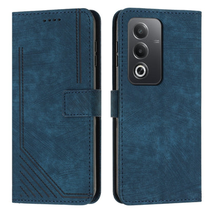 Blue leather wallet phone case with stripe pattern and magnetic flap.