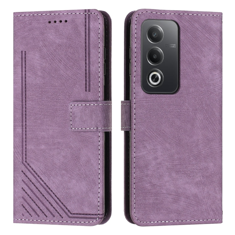 Purple leather wallet-style phone case with flip cover, camera cutout, stitched edges