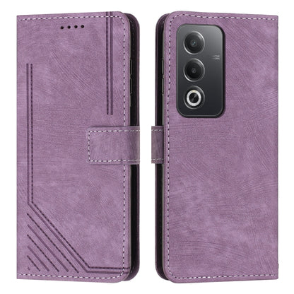 Purple leather wallet-style phone case with flip cover, camera cutout, stitched edges