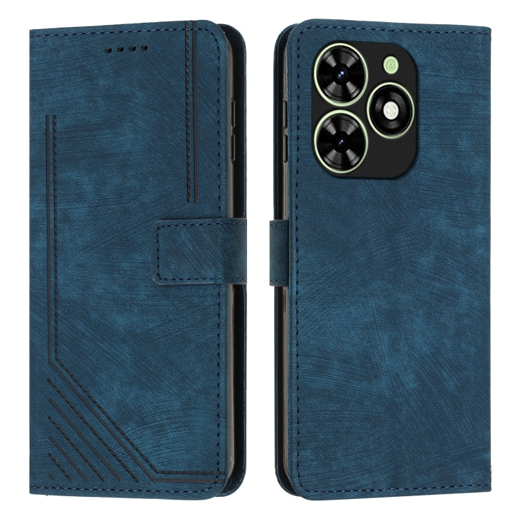 Leather folio phone case with stripe pattern, blue, with card slot and button flap