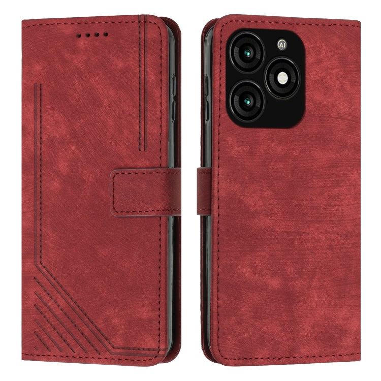 Red leather folio phone case with diagonal stripe texture, card slot, and rear camera cutouts