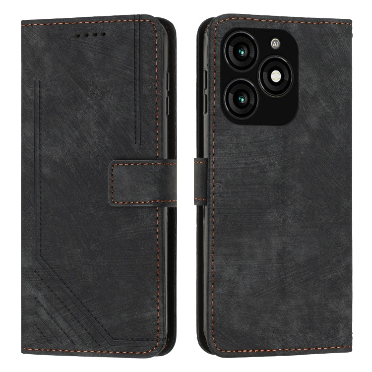 Leather folio phone case with stripe pattern, dark gray, card slot, and camera cover