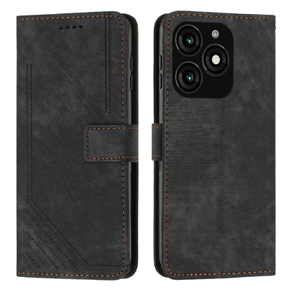 Leather folio phone case with stripe pattern, dark gray, card slot, and camera cover