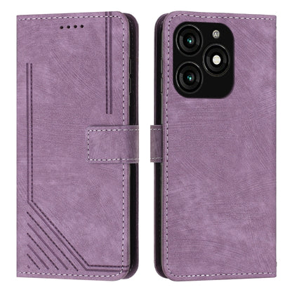 Leather folio phone case with stripe pattern, lavender, card slot, and camera cover