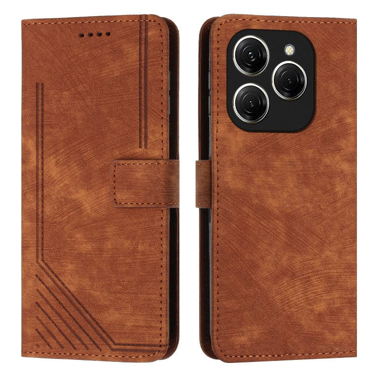 Brown leather folio phone case with diagonal stripe texture, card slot, and contrast edge stitching