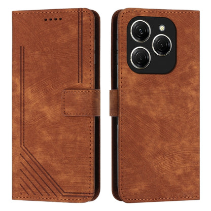 Brown leather folio phone case with diagonal stripe texture, card slot, and contrast edge stitching