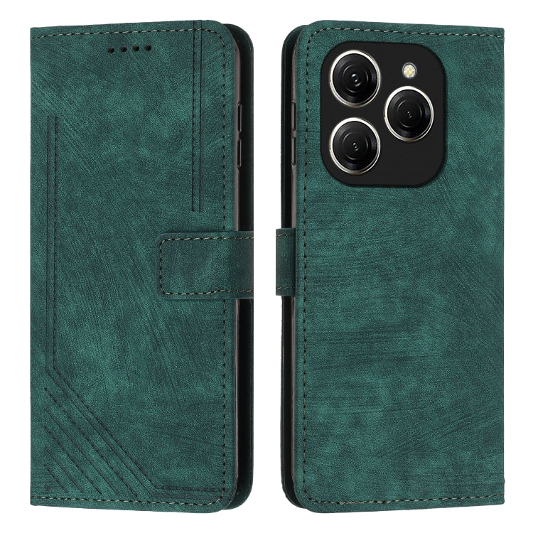 Green leather folio phone case with diagonal stripe texture, card slot, and dark stitched trim