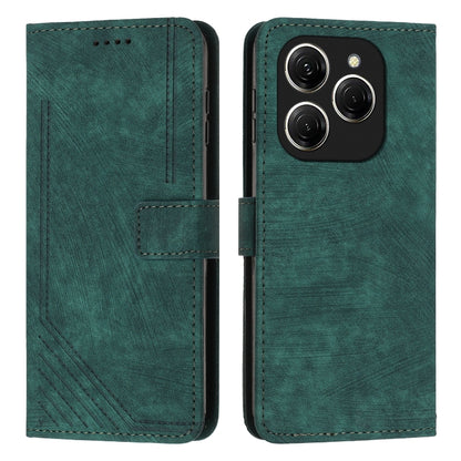 Green leather folio phone case with diagonal stripe texture, card slot, and dark stitched trim