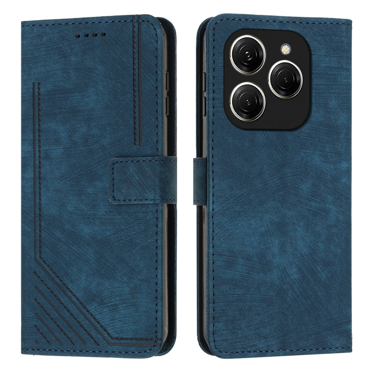 Blue leather folio phone case with diagonal stripe texture, card slot, and dark edge stitching