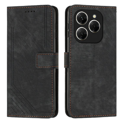 Dark leather folio phone case with diagonal stripe texture and rear camera cutouts