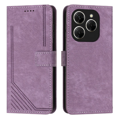 Lilac leather folio phone case with diagonal stripe texture and rear camera cutouts