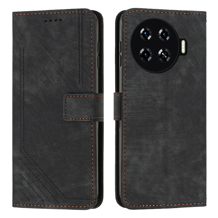 Dark leather folio phone case with diagonal stripe texture, card slot, and orange stitching