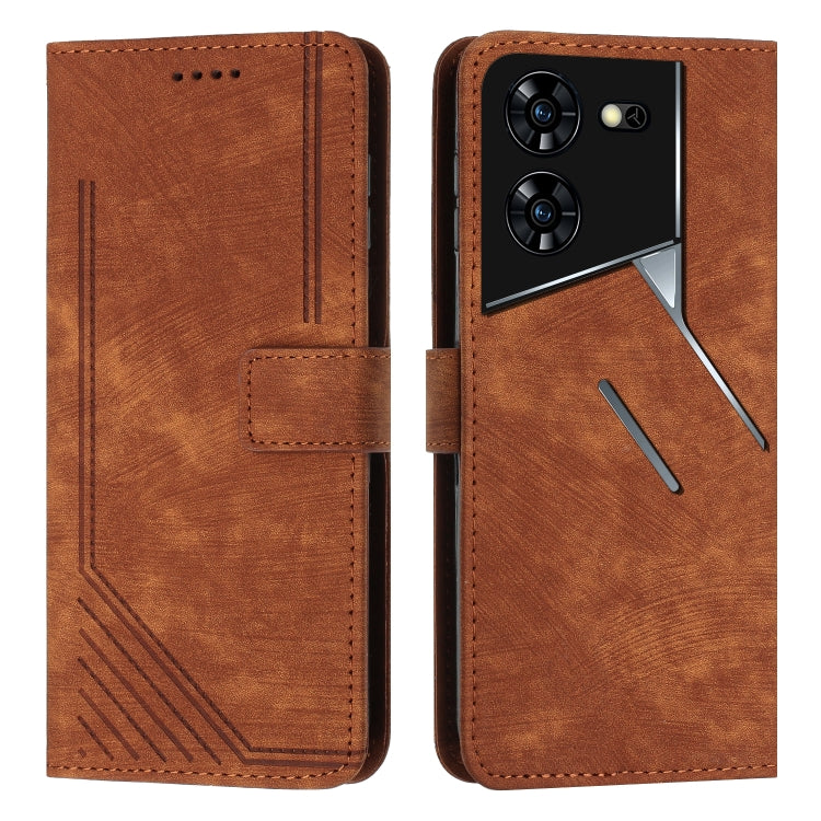 Brown leather wallet phone case with flip cover, card slots, and camera cutouts