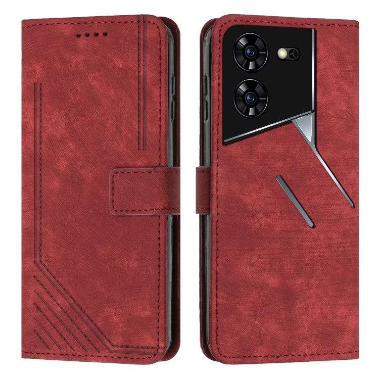 Red leather wallet phone case with flip cover, card slots, and camera cutouts