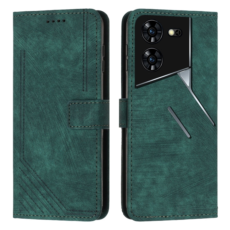 Green leather wallet phone case with flip cover, card slots, and camera cutouts