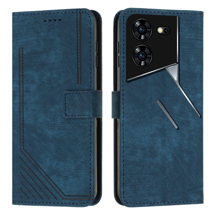 Blue leather wallet phone case with flip cover, card slots, and camera cutouts