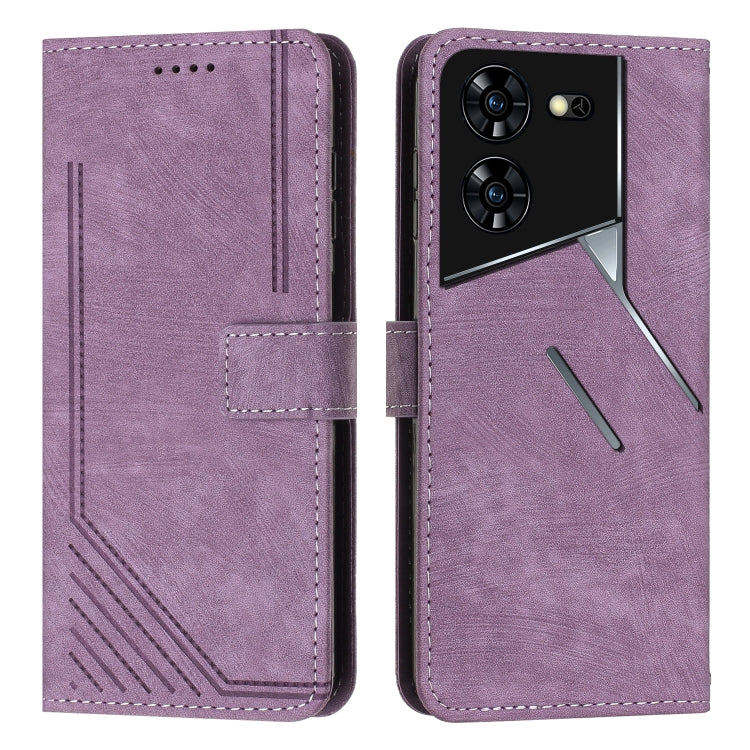 Purple leather wallet phone case with flip cover, card slots, and camera cutouts