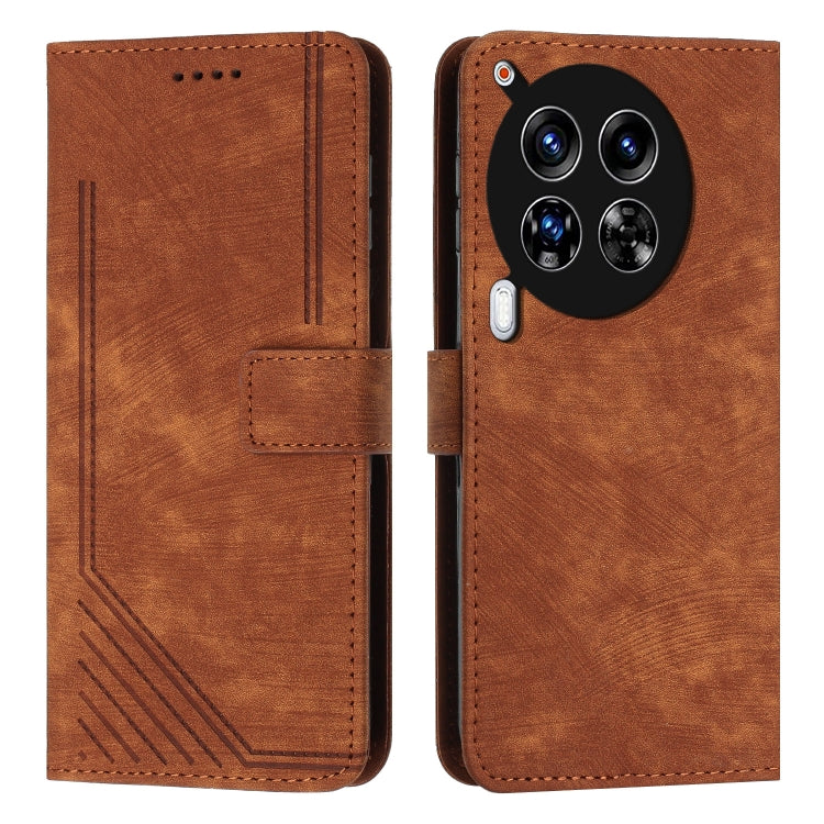 Brown leather flip phone case with stripe pattern and camera cutout, stitched edges.