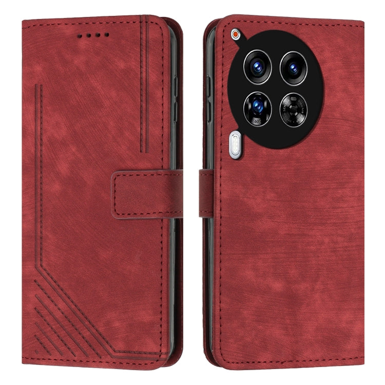 Red leather flip phone case with stripe pattern and camera cutout, stitched edges.