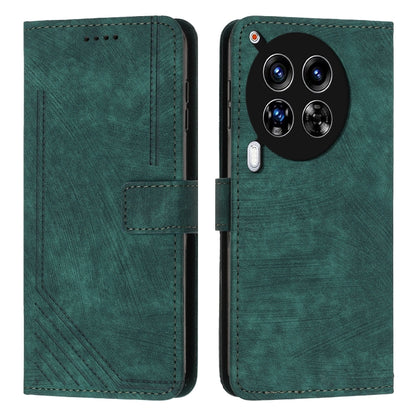 Green leather flip phone case with stripe pattern and camera cutout, stitched edges.